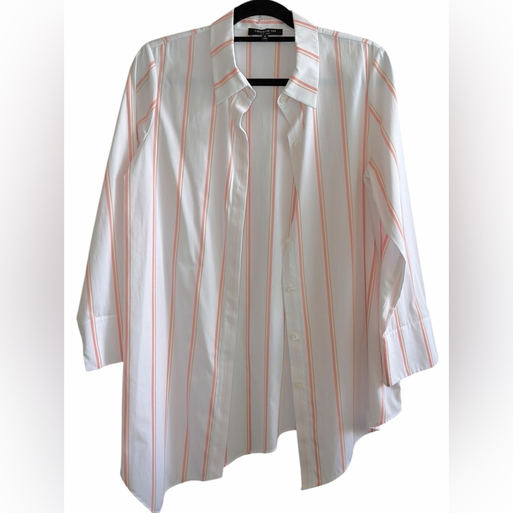 Lafayette 148 White Peach Striped Button Up Shirt Asymmetrical Hem Size M - Picture 15 of 16
